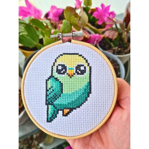 Budgie parrot finished cross stitch